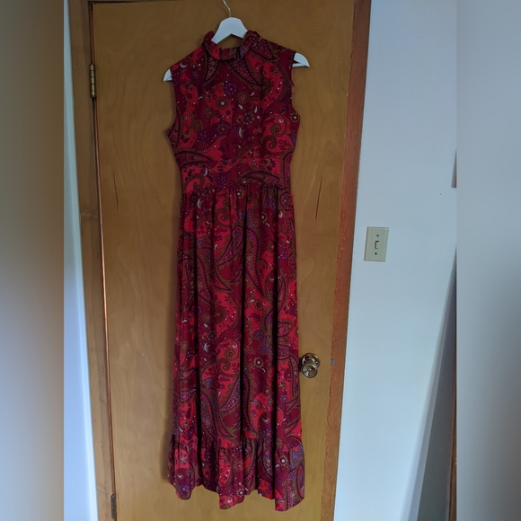 Vintage 60's 70's Nu-Mode boutique red Paisley Maxi dress - Picture 4 of 12